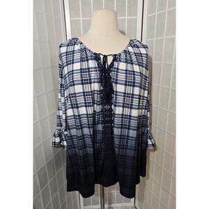 NWT Avenue Blue White Plaid Peasant Lace Up  Ombre Shirt Blouse Plus Size: 30/32